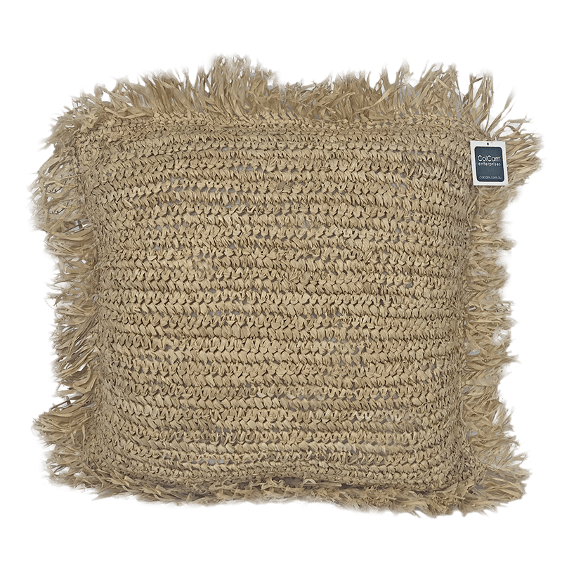 Raffia Square Fringed Cushion - Natural